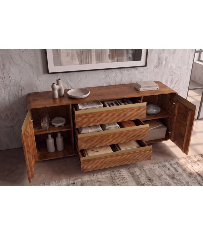 Invicta Interior Dressoir MONZA 180cm geribd front afgeronde hoeken mangohout bruin met gouddetails - 48834