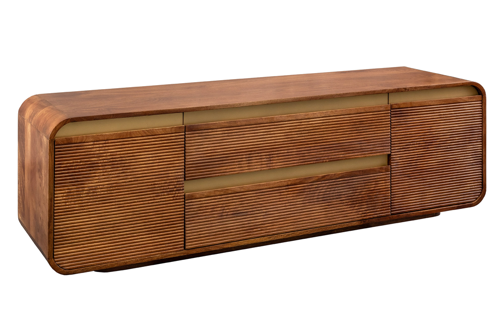 TV-Meubel MONZA 160cm met kabelmanagement geribbelde voorkant afgeronde hoeken bruin mangohout gouden details - 48835