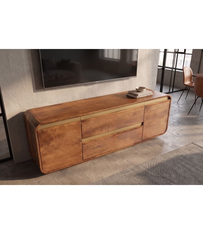 Invicta Interior TV-Meubel MONZA 160cm met kabelmanagement geribbelde voorkant afgeronde hoeken bruin mangohout gouden details - 48835