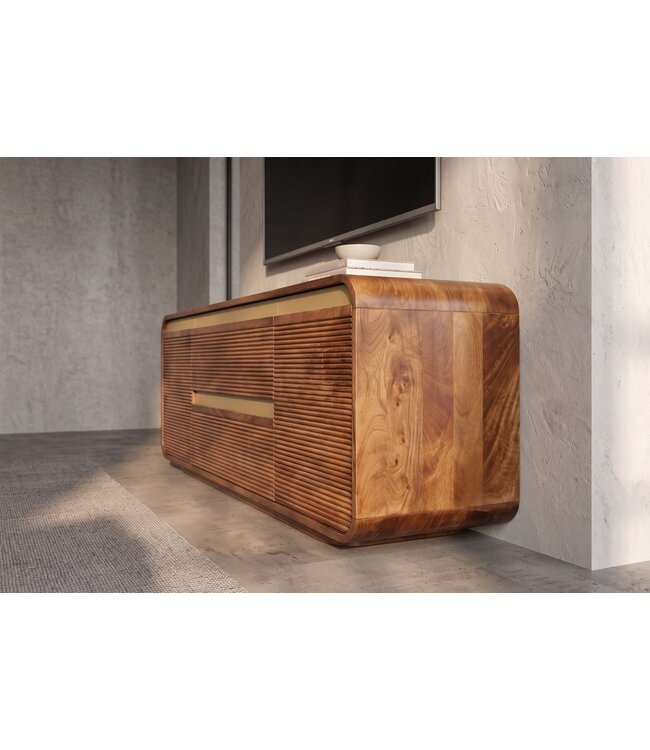 Invicta Interior TV-Meubel MONZA 160cm met kabelmanagement geribbelde voorkant afgeronde hoeken bruin mangohout gouden details - 48835