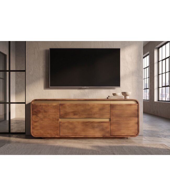 Invicta Interior TV-Meubel MONZA 160cm met kabelmanagement geribbelde voorkant afgeronde hoeken bruin mangohout gouden details - 48835