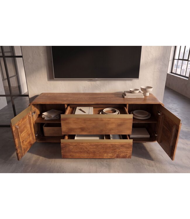 Invicta Interior TV-Meubel MONZA 160cm met kabelmanagement geribbelde voorkant afgeronde hoeken bruin mangohout gouden details - 48835