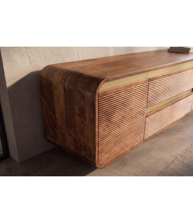 Invicta Interior TV-Meubel MONZA 160cm met kabelmanagement geribbelde voorkant afgeronde hoeken bruin mangohout gouden details - 48835