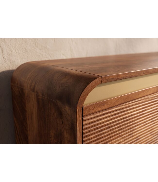 Invicta Interior TV-Meubel MONZA 160cm met kabelmanagement geribbelde voorkant afgeronde hoeken bruin mangohout gouden details - 48835