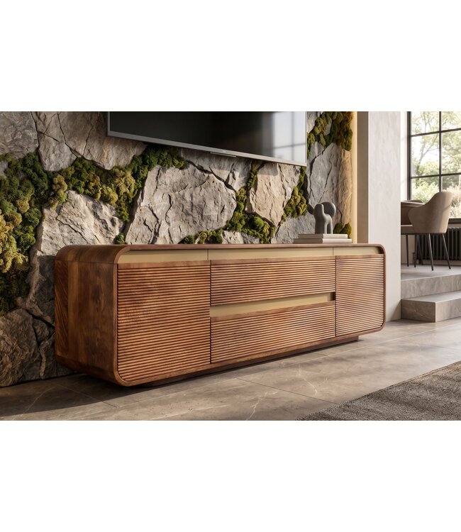 Invicta Interior TV-Meubel MONZA 160cm met kabelmanagement geribbelde voorkant afgeronde hoeken bruin mangohout gouden details - 48835