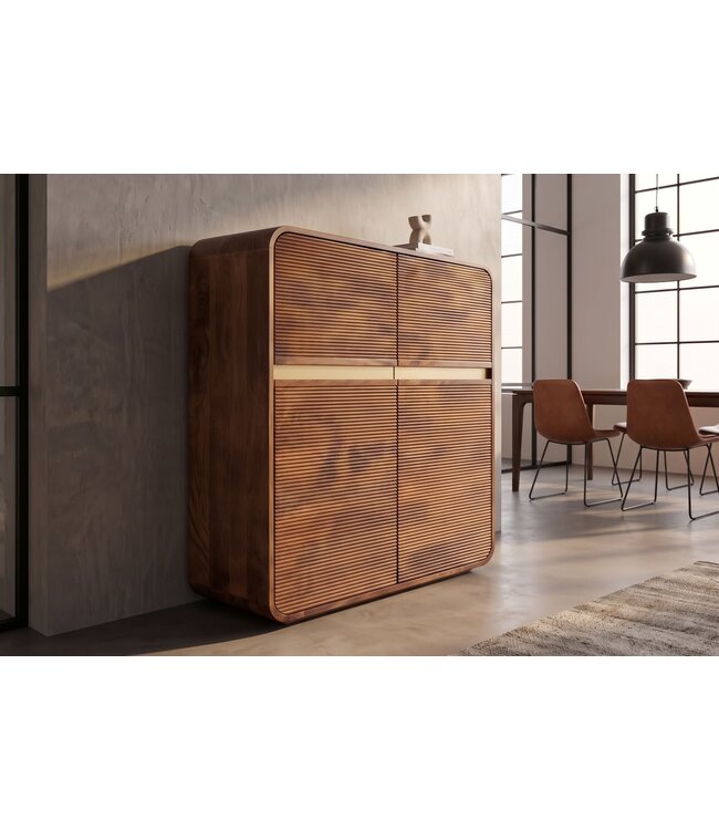Invicta Interior Highboard MONZA 120cm geribbelde voorkant afgeronde hoeken mangohout bruin met gouddetails - 48836