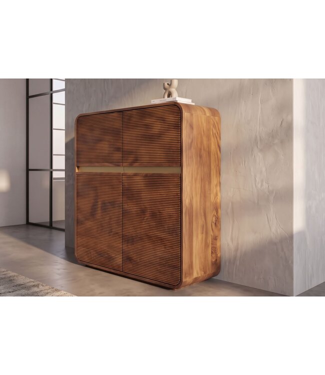 Invicta Interior Highboard MONZA 120cm geribbelde voorkant afgeronde hoeken mangohout bruin met gouddetails - 48836