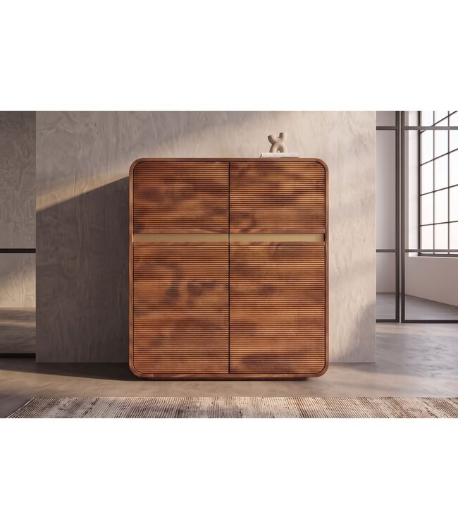 Invicta Interior Highboard MONZA 120cm geribbelde voorkant afgeronde hoeken mangohout bruin met gouddetails - 48836