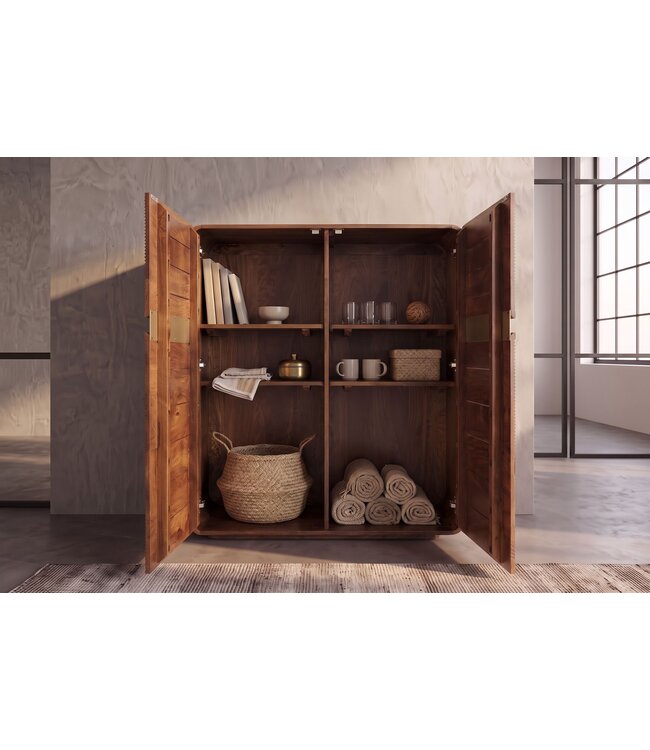 Invicta Interior Highboard MONZA 120cm geribbelde voorkant afgeronde hoeken mangohout bruin met gouddetails - 48836