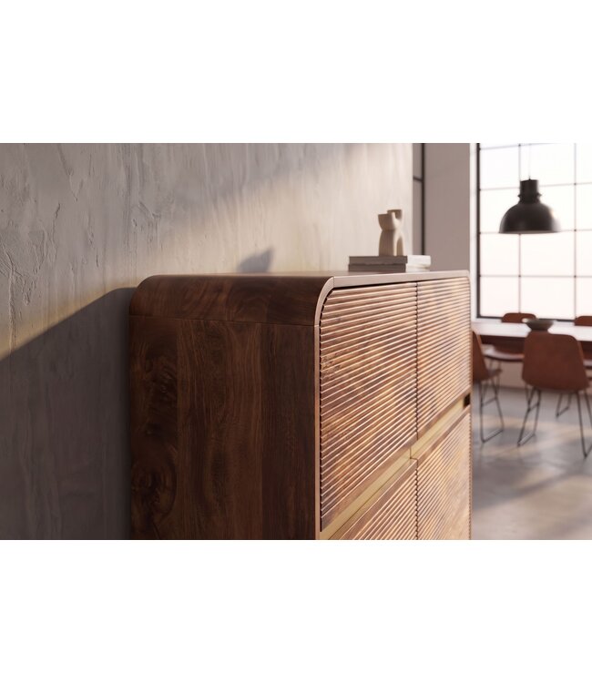 Invicta Interior Highboard MONZA 120cm geribbelde voorkant afgeronde hoeken mangohout bruin met gouddetails - 48836