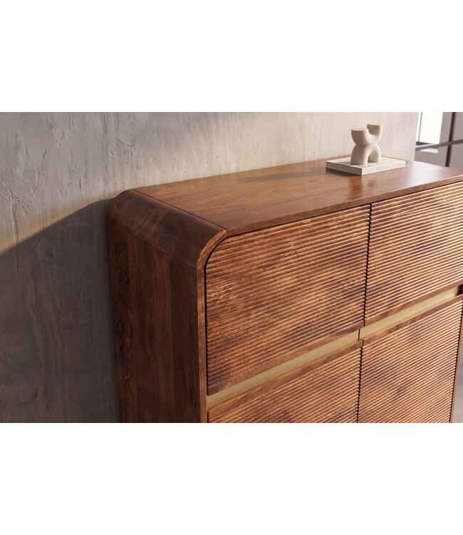 Invicta Interior Highboard MONZA 120cm geribbelde voorkant afgeronde hoeken mangohout bruin met gouddetails - 48836