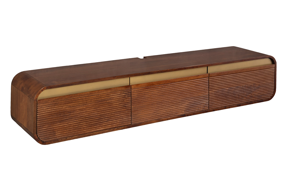 TV-Meubel MONZA 160cm met kabelmanagement hangend geribd front bruin mangowood gouddetails - 48837