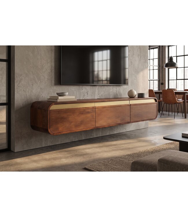 Invicta Interior TV-Meubel MONZA 160cm met kabelmanagement hangend geribd front bruin mangowood gouddetails - 48837