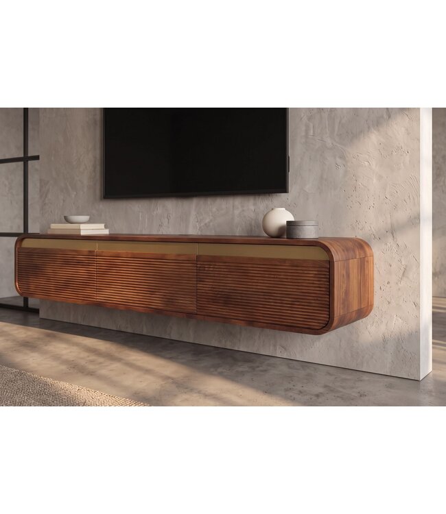 Invicta Interior TV-Meubel MONZA 160cm met kabelmanagement hangend geribd front bruin mangowood gouddetails - 48837