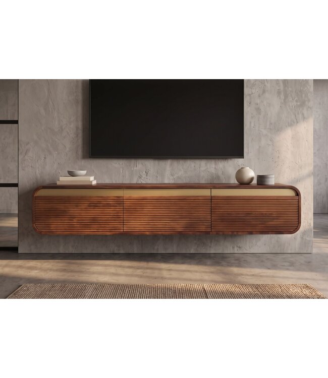 Invicta Interior TV-Meubel MONZA 160cm met kabelmanagement hangend geribd front bruin mangowood gouddetails - 48837