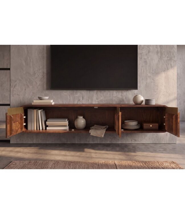 Invicta Interior TV-Meubel MONZA 160cm met kabelmanagement hangend geribd front bruin mangowood gouddetails - 48837