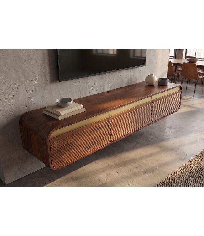 Invicta Interior TV-Meubel MONZA 160cm met kabelmanagement hangend geribd front bruin mangowood gouddetails - 48837