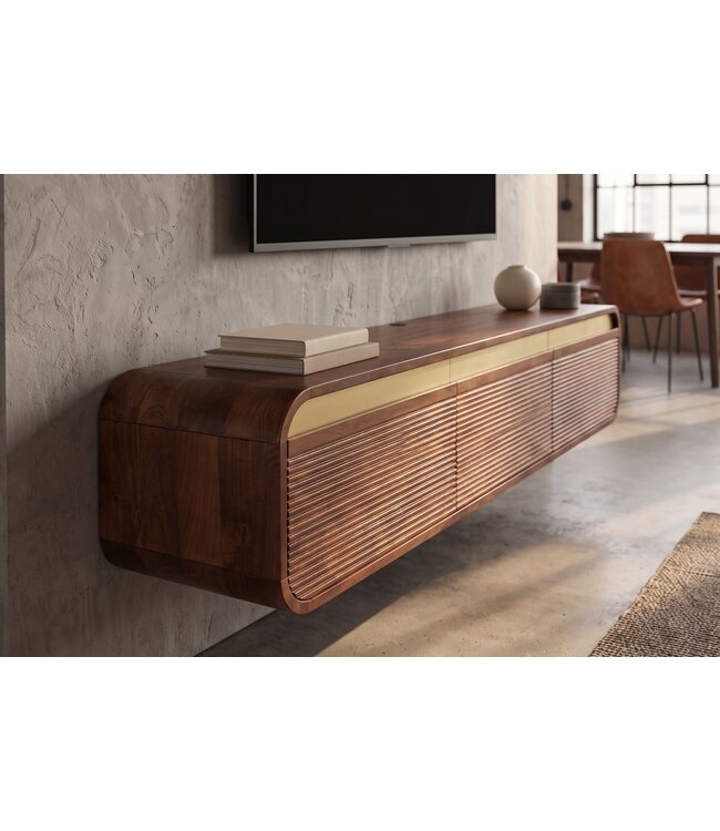 Invicta Interior TV-Meubel MONZA 160cm met kabelmanagement hangend geribd front bruin mangowood gouddetails - 48837