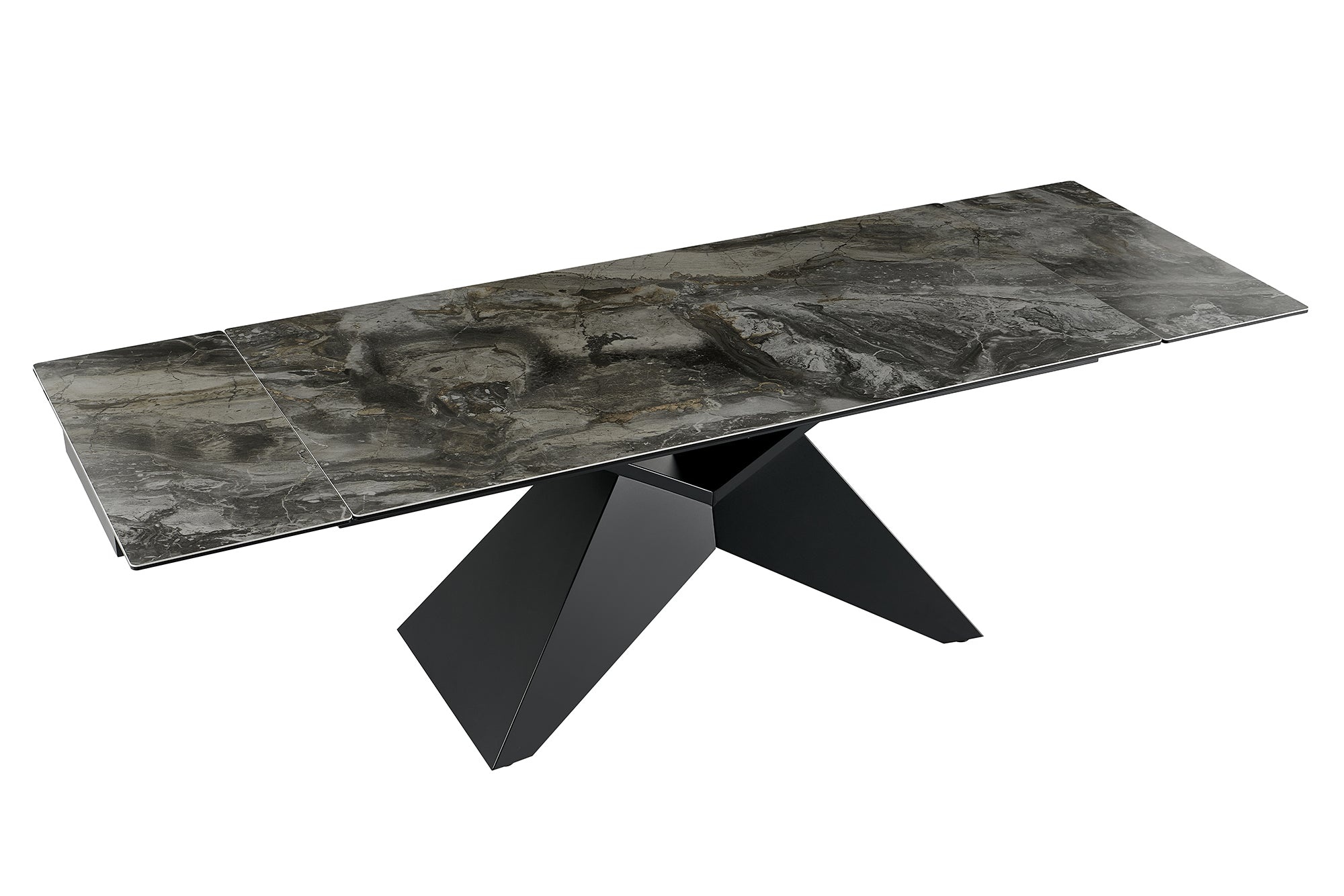 Uitschuifbare eettafel DIAMOND 180-260cm keramiek taupe met geometrisch zwart ijzeren onderstel - 49270