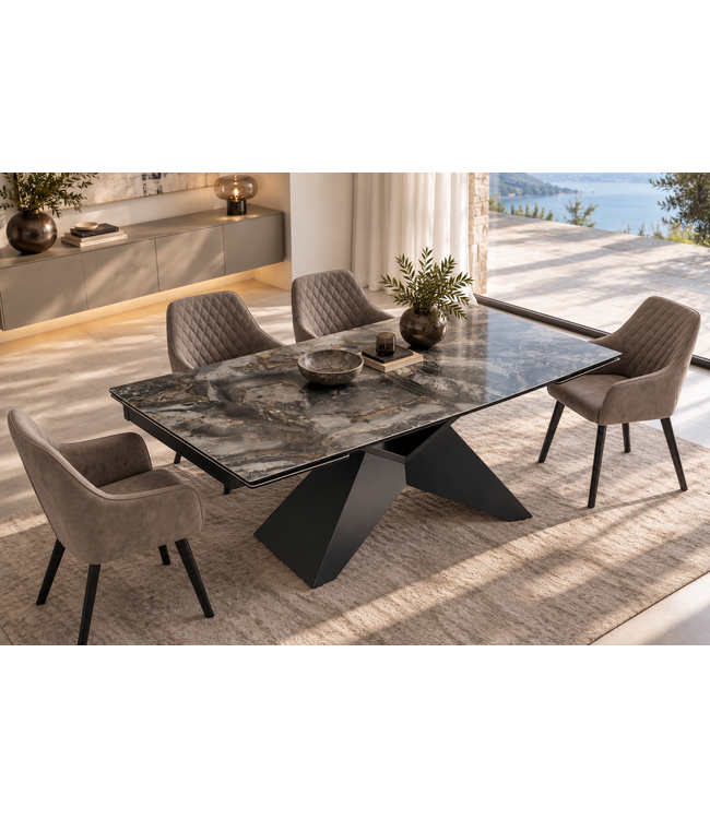 Invicta Interior Uitschuifbare eettafel DIAMOND 180-260cm keramiek taupe met geometrisch zwart ijzeren onderstel - 49270
