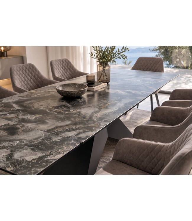 Invicta Interior Uitschuifbare eettafel DIAMOND 180-260cm keramiek taupe met geometrisch zwart ijzeren onderstel - 49270