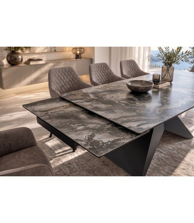 Invicta Interior Uitschuifbare eettafel DIAMOND 180-260cm keramiek taupe met geometrisch zwart ijzeren onderstel - 49270