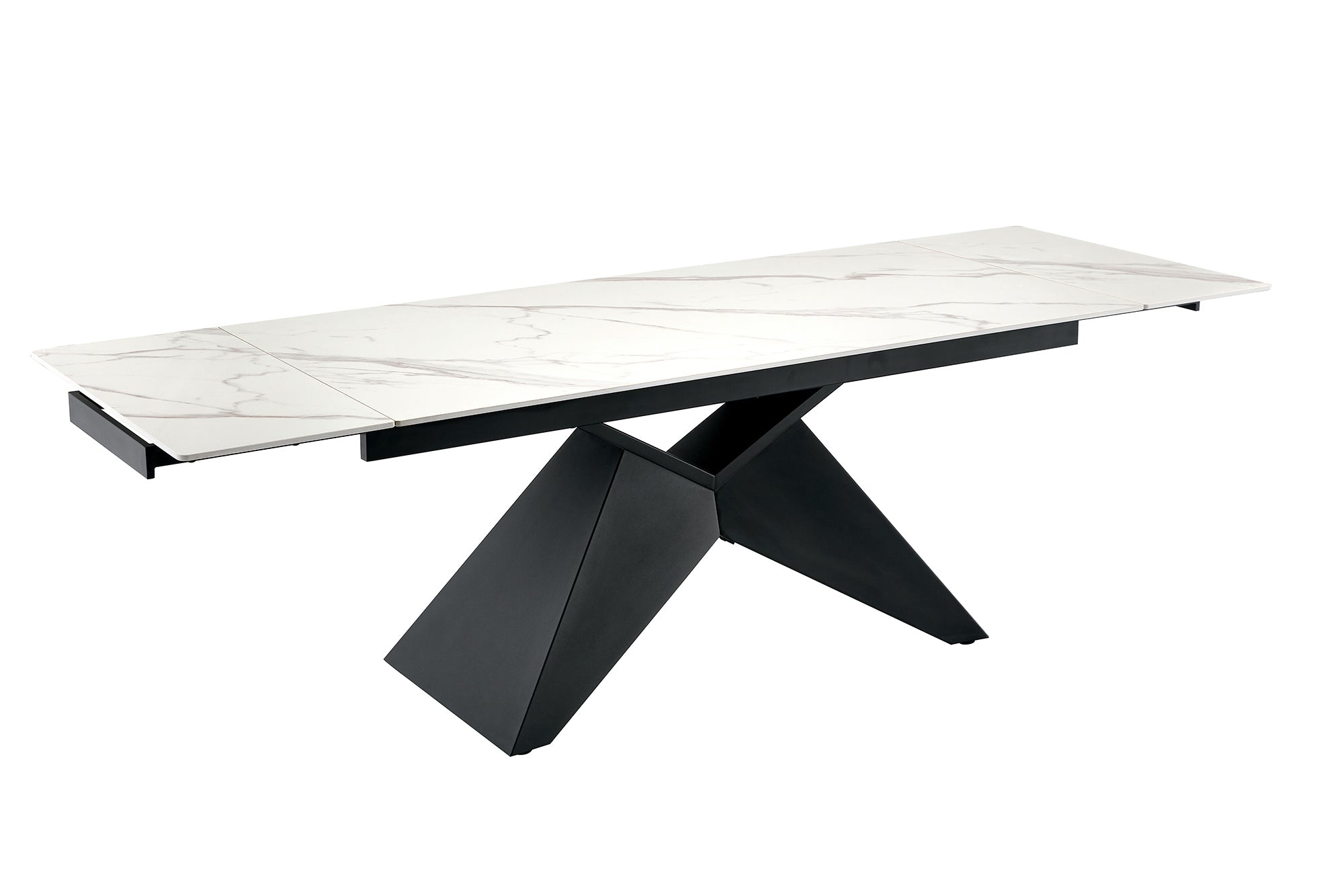 Eettafel DIAMOND 180-260cm uitschuifbaar keramiek mat wit marmerlook met geometrisch zwart onderstel - 49271