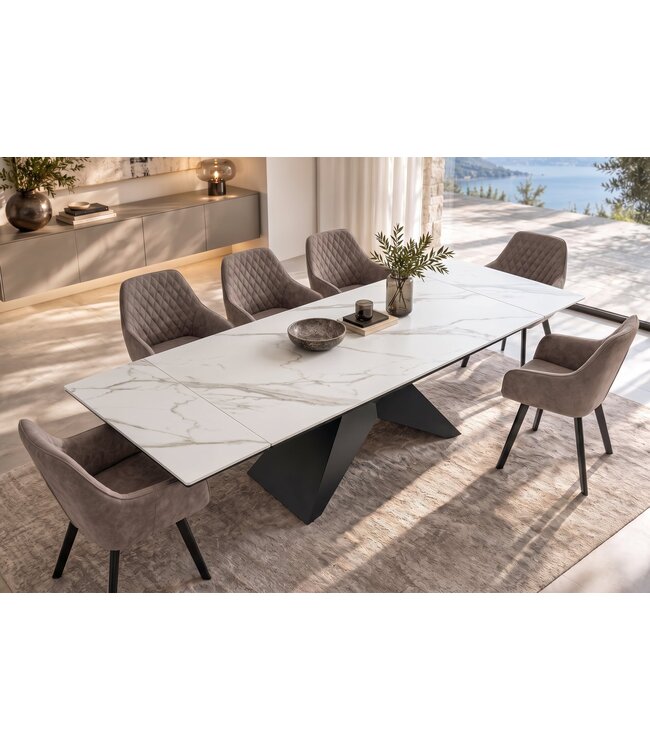 Invicta Interior Eettafel DIAMOND 180-260cm uitschuifbaar keramiek mat wit marmerlook met geometrisch zwart onderstel - 49271