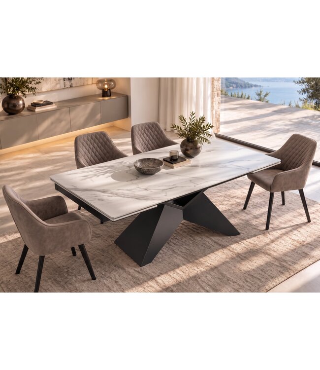 Invicta Interior Eettafel DIAMOND 180-260cm uitschuifbaar keramiek mat wit marmerlook met geometrisch zwart onderstel - 49271