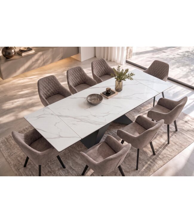 Invicta Interior Eettafel DIAMOND 180-260cm uitschuifbaar keramiek mat wit marmerlook met geometrisch zwart onderstel - 49271