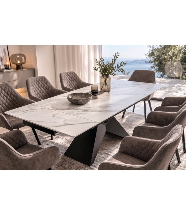 Invicta Interior Eettafel DIAMOND 180-260cm uitschuifbaar keramiek mat wit marmerlook met geometrisch zwart onderstel - 49271