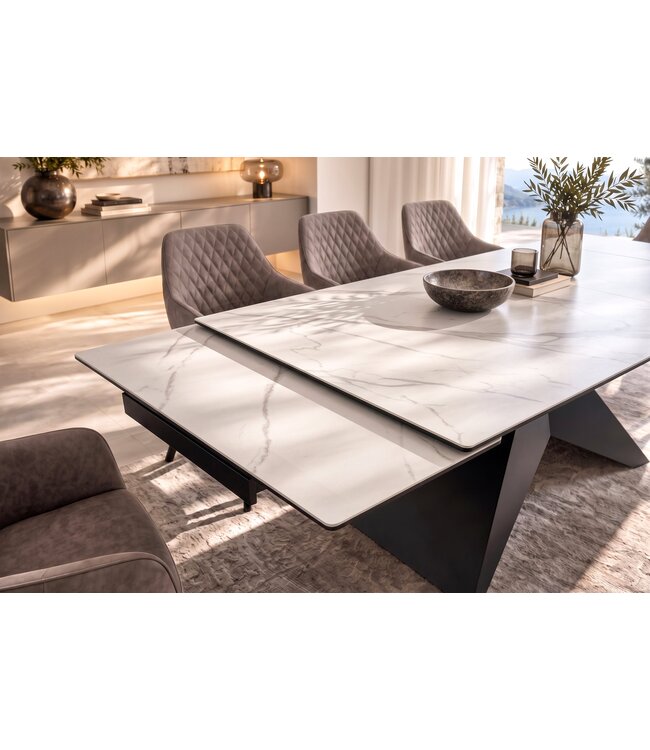 Invicta Interior Eettafel DIAMOND 180-260cm uitschuifbaar keramiek mat wit marmerlook met geometrisch zwart onderstel - 49271