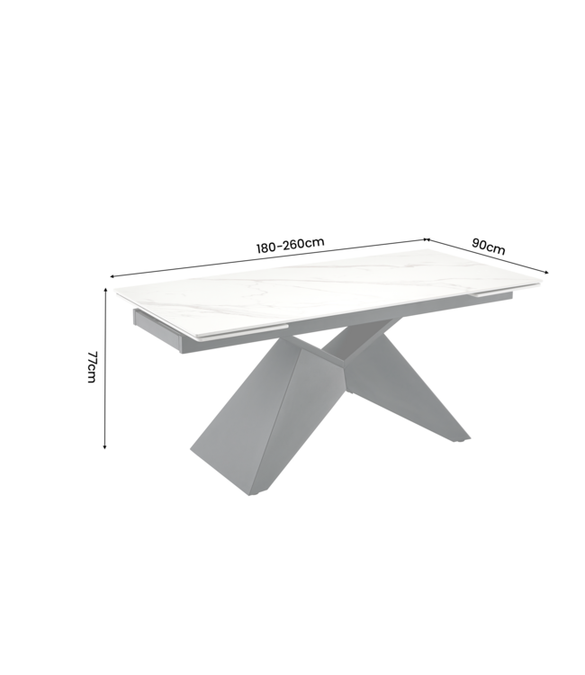 Invicta Interior Eettafel DIAMOND 180-260cm uitschuifbaar keramiek mat wit marmerlook met geometrisch zwart onderstel - 49271