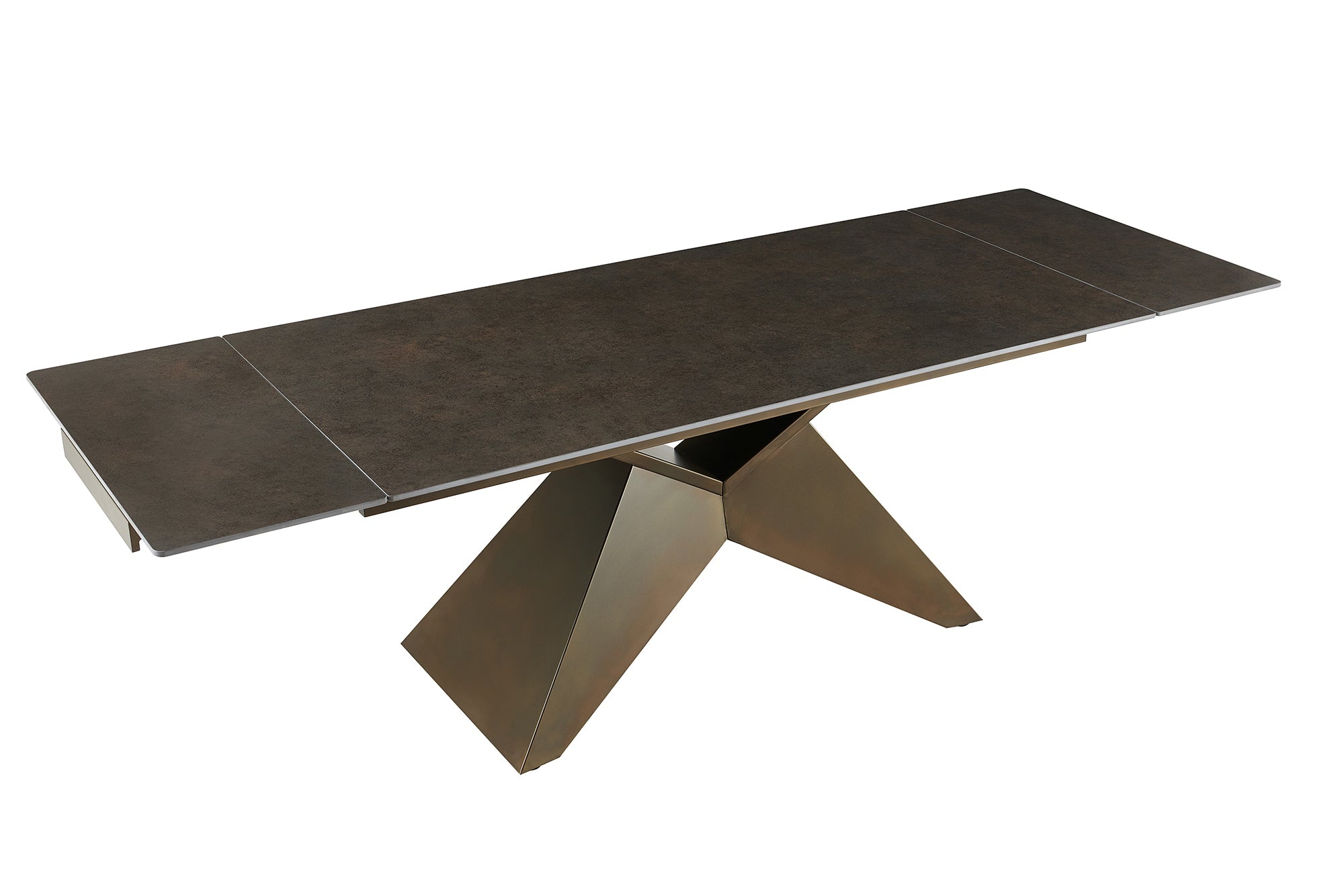 Eettafel DIAMOND 180-260cm uitschuifbaar ceramic roestlook met geometrisch bronzen ijzeren onderstel - 49272