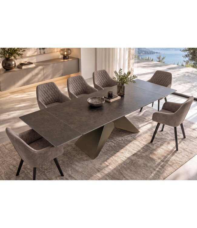 Invicta Interior Eettafel DIAMOND 180-260cm uitschuifbaar ceramic roestlook met geometrisch bronzen ijzeren onderstel - 49272