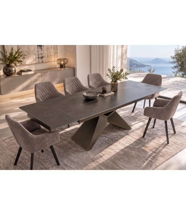 Invicta Interior Eettafel DIAMOND 180-260cm uitschuifbaar ceramic roestlook met geometrisch bronzen ijzeren onderstel - 49272