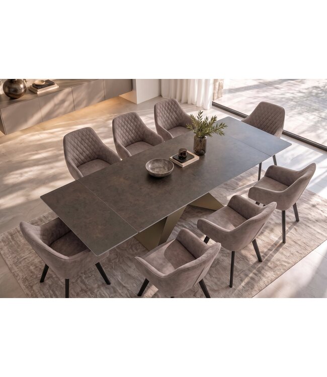Invicta Interior Eettafel DIAMOND 180-260cm uitschuifbaar ceramic roestlook met geometrisch bronzen ijzeren onderstel - 49272