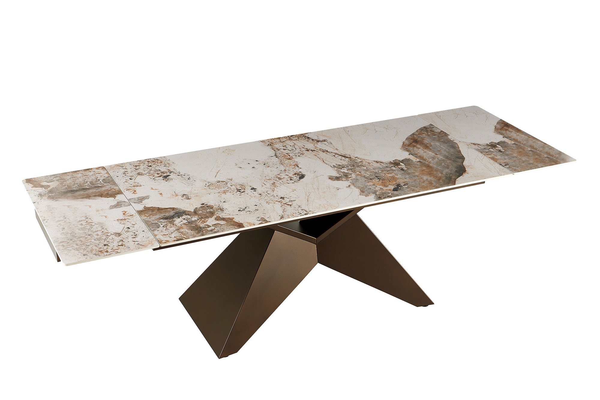 Uitschuifbare eettafel DIAMOND 180-260cm pandora keramiek wit bruin met geometrische bronzen ijzeren voet - 49273