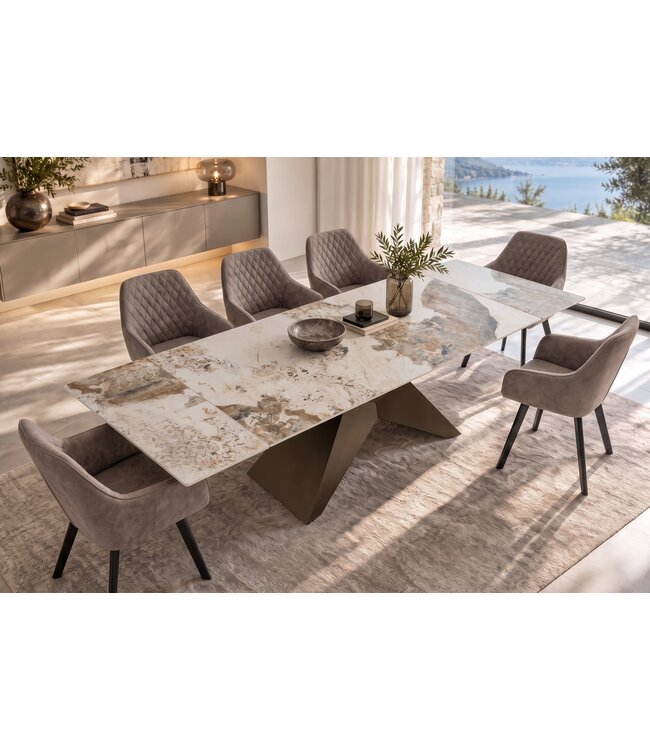 Invicta Interior Uitschuifbare eettafel DIAMOND 180-260cm pandora keramiek wit bruin met geometrische bronzen ijzeren voet - 49273