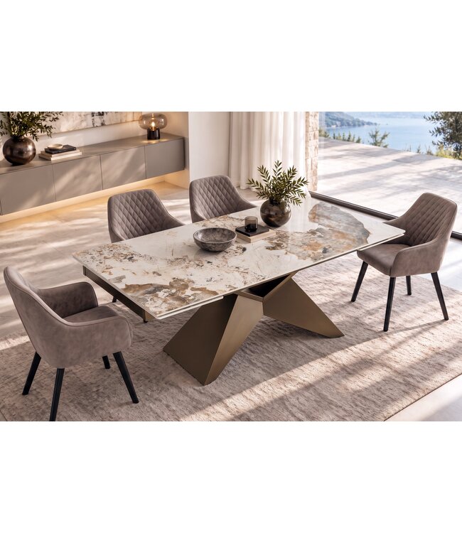 Invicta Interior Uitschuifbare eettafel DIAMOND 180-260cm pandora keramiek wit bruin met geometrische bronzen ijzeren voet - 49273