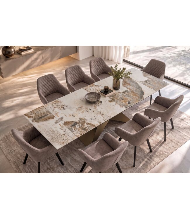 Invicta Interior Uitschuifbare eettafel DIAMOND 180-260cm pandora keramiek wit bruin met geometrische bronzen ijzeren voet - 49273