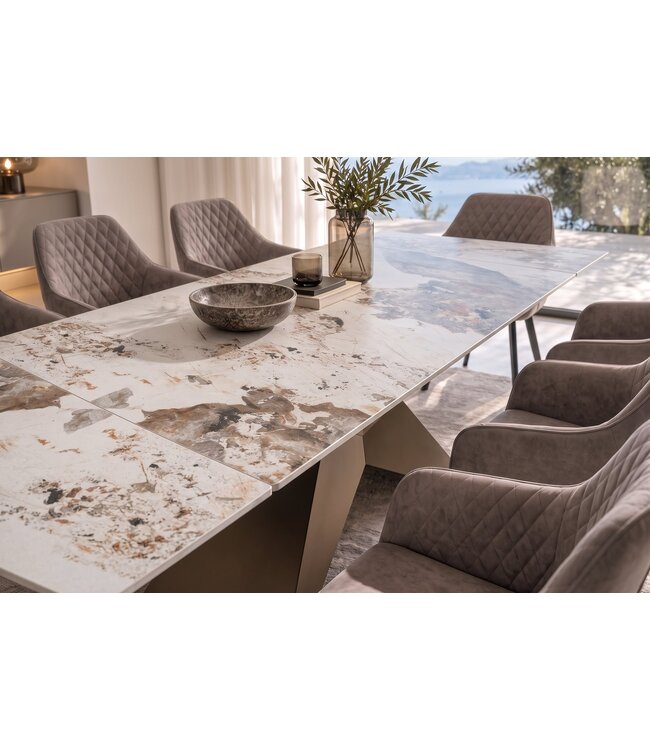Invicta Interior Uitschuifbare eettafel DIAMOND 180-260cm pandora keramiek wit bruin met geometrische bronzen ijzeren voet - 49273