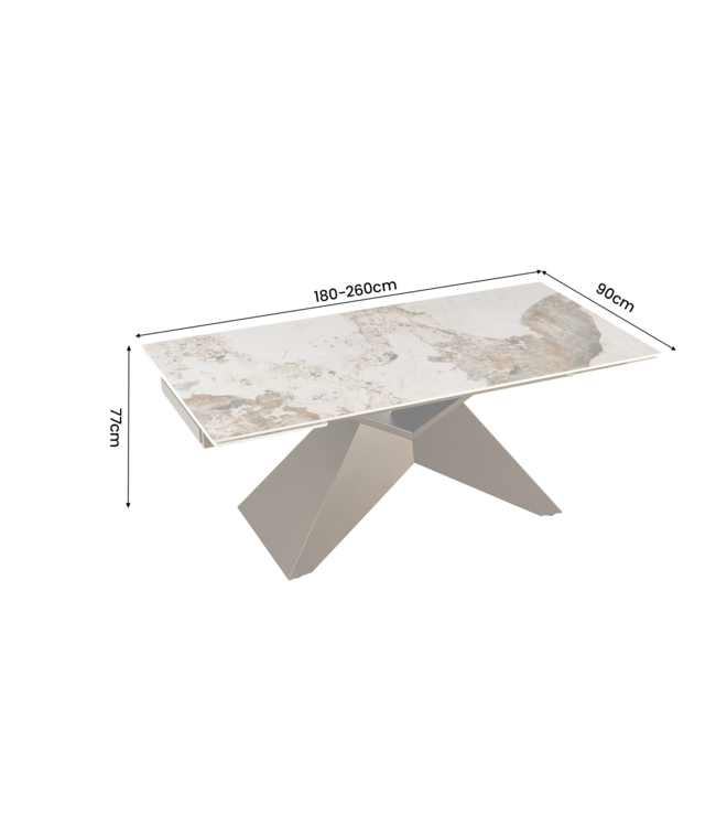 Invicta Interior Uitschuifbare eettafel DIAMOND 180-260cm pandora keramiek wit bruin met geometrische bronzen ijzeren voet - 49273