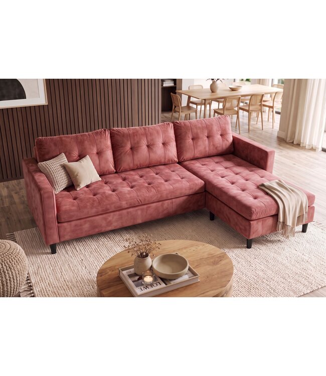 Invicta Interior Hoekbank STOCKHOLM 220cm 3-zits met ottoman kapitonné look fluweel roze - 49373