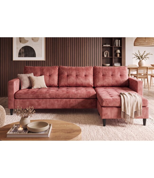 Invicta Interior Hoekbank STOCKHOLM 220cm 3-zits met ottoman kapitonné look fluweel roze - 49373