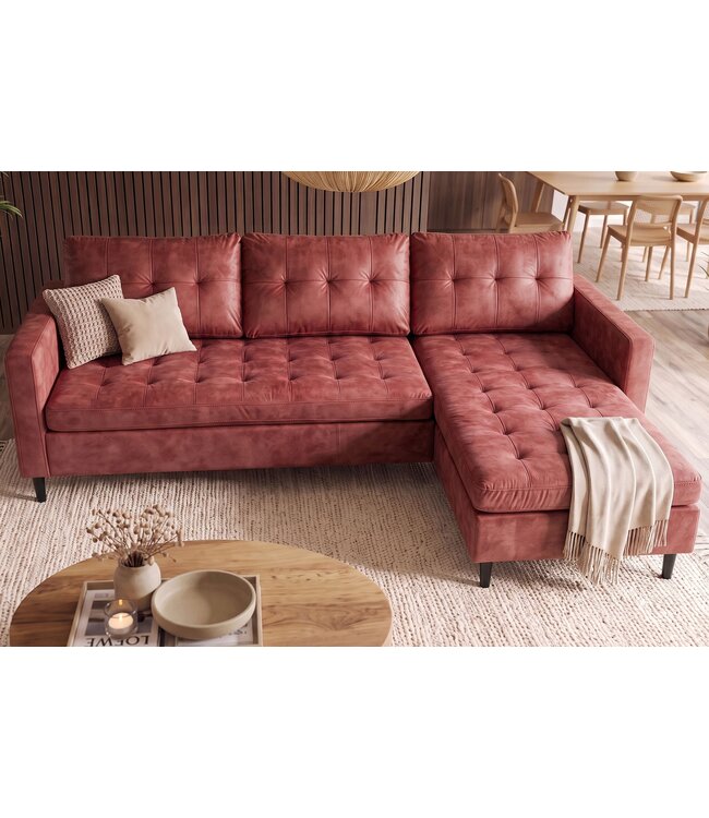 Invicta Interior Hoekbank STOCKHOLM 220cm 3-zits met ottoman kapitonné look fluweel roze - 49373