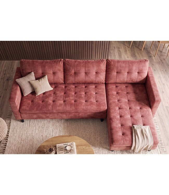 Invicta Interior Hoekbank STOCKHOLM 220cm 3-zits met ottoman kapitonné look fluweel roze - 49373