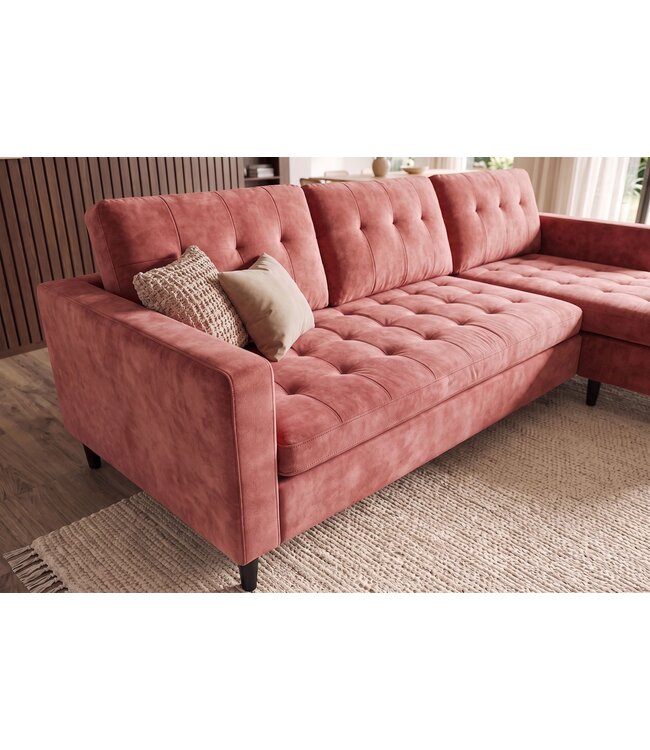 Invicta Interior Hoekbank STOCKHOLM 220cm 3-zits met ottoman kapitonné look fluweel roze - 49373