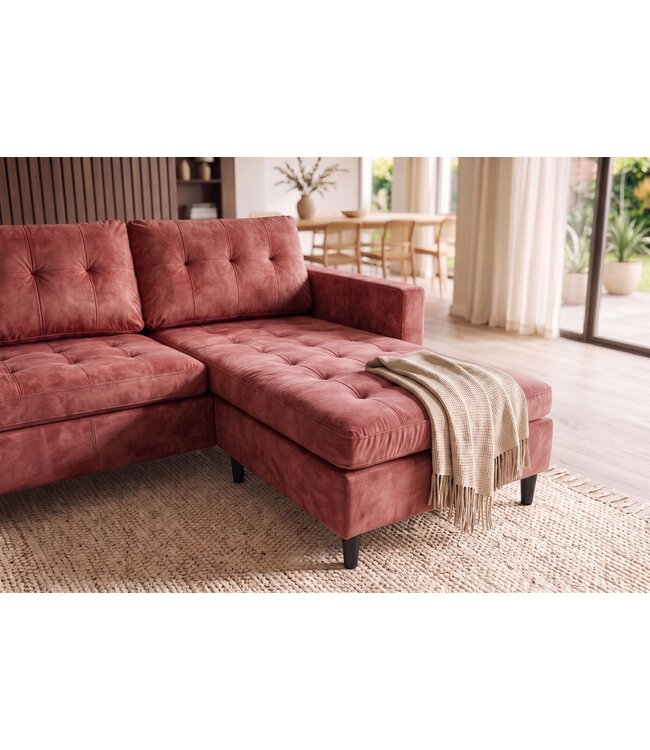 Invicta Interior Hoekbank STOCKHOLM 220cm 3-zits met ottoman kapitonné look fluweel roze - 49373