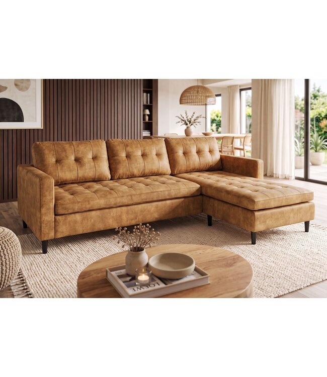 Invicta Interior Hoekbank STOCKHOLM 220cm 3-zits met ottoman gestikt fluweel mosterdgeel - 49374